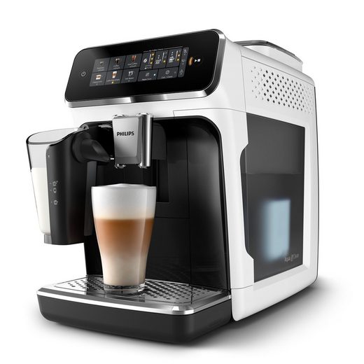 EP3343/50 Kaffeevollautomat 3300 Series für 6 Getränke (heiß/eisgekühlt) mit LatteGo-Milchsystem und SilentBrew Technologie in Weiß-Schwarz