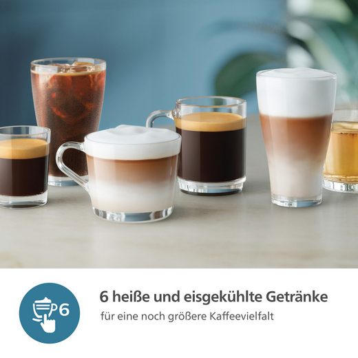 EP3343/50 Kaffeevollautomat 3300 Series für 6 Getränke (heiß/eisgekühlt) mit LatteGo-Milchsystem und SilentBrew Technologie in Weiß-Schwarz