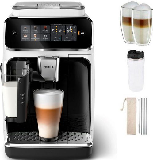 EP3343/50 Kaffeevollautomat 3300 Series für 6 Getränke (heiß/eisgekühlt) mit LatteGo-Milchsystem und SilentBrew Technologie in Weiß-Schwarz