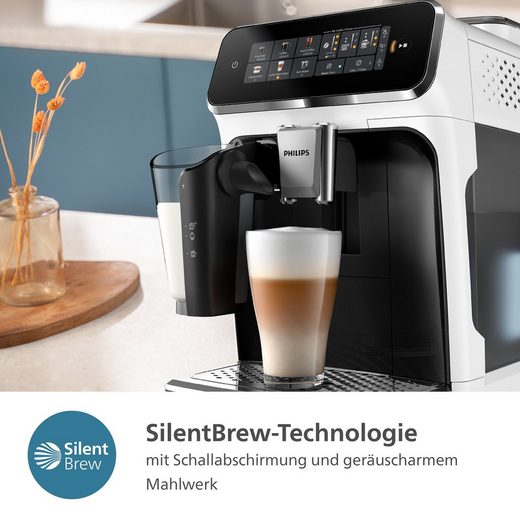 EP3343/50 Kaffeevollautomat 3300 Series für 6 Getränke (heiß/eisgekühlt) mit LatteGo-Milchsystem und SilentBrew Technologie in Weiß-Schwarz